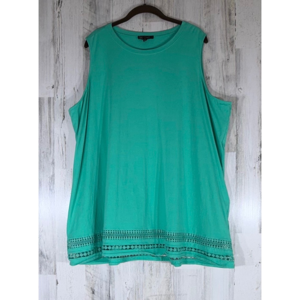 DG2 Diane Gilman Tank Top 3X Teal Green Crochet Lace Hem Sleeveless Tunic Cotton